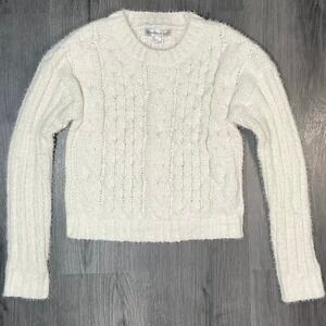 Madden‎ Girl Womens White Fuzzy Cable Knit Eyelash Crew Neck Sweater Small